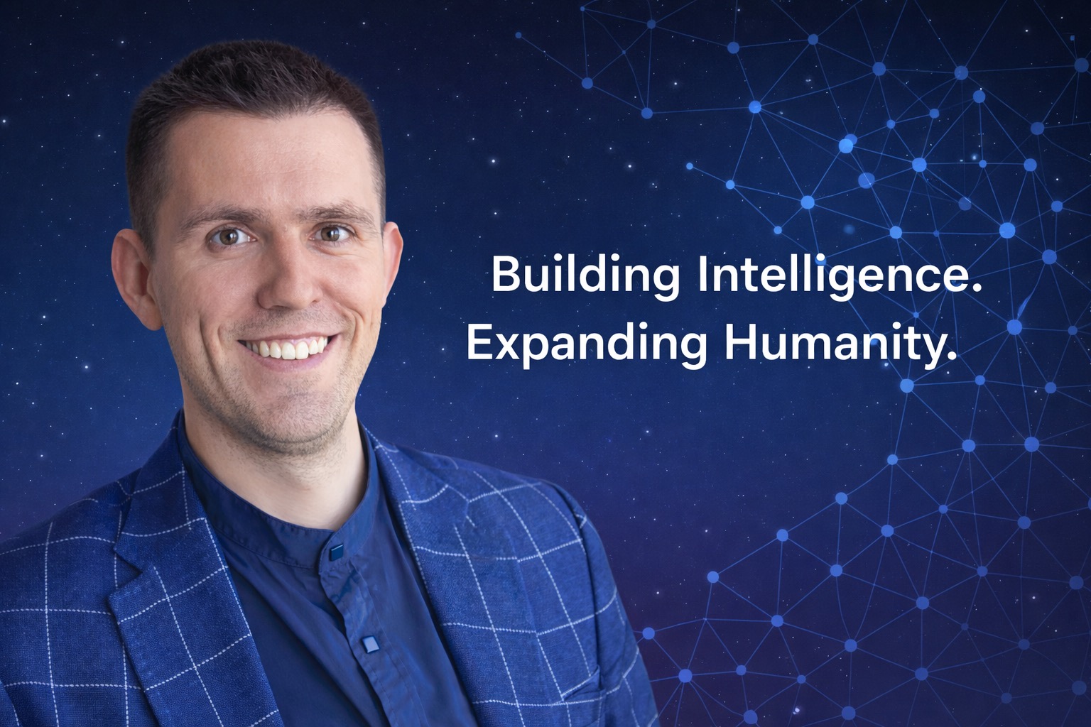 Alex Anokhin portrait with the slogan Building Intelligence. Expanding Humanity.